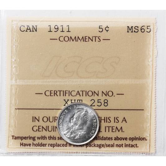 1911 Canada 5-cents ICCS Certified MS-65 (XHT 258)
