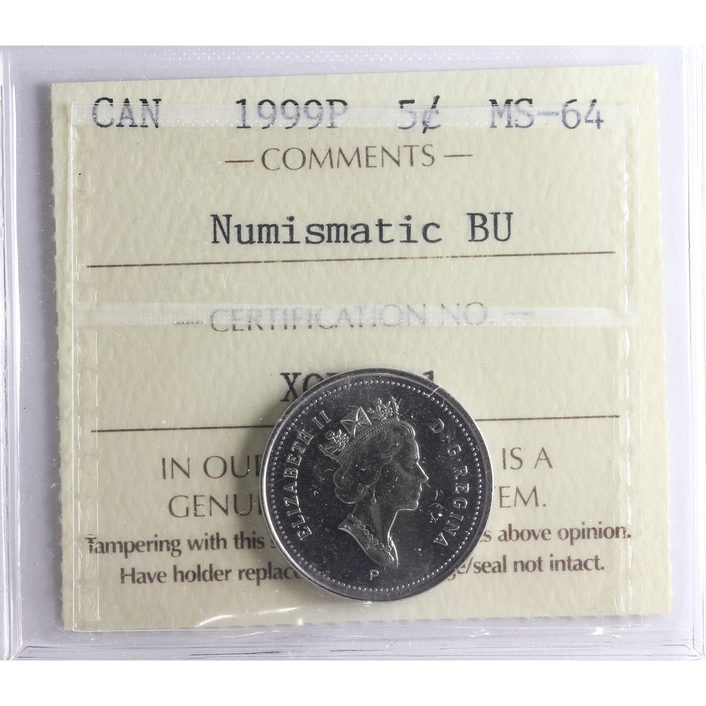 1999P Canada 5-cents ICCS Certified MS64 Numismatic BU