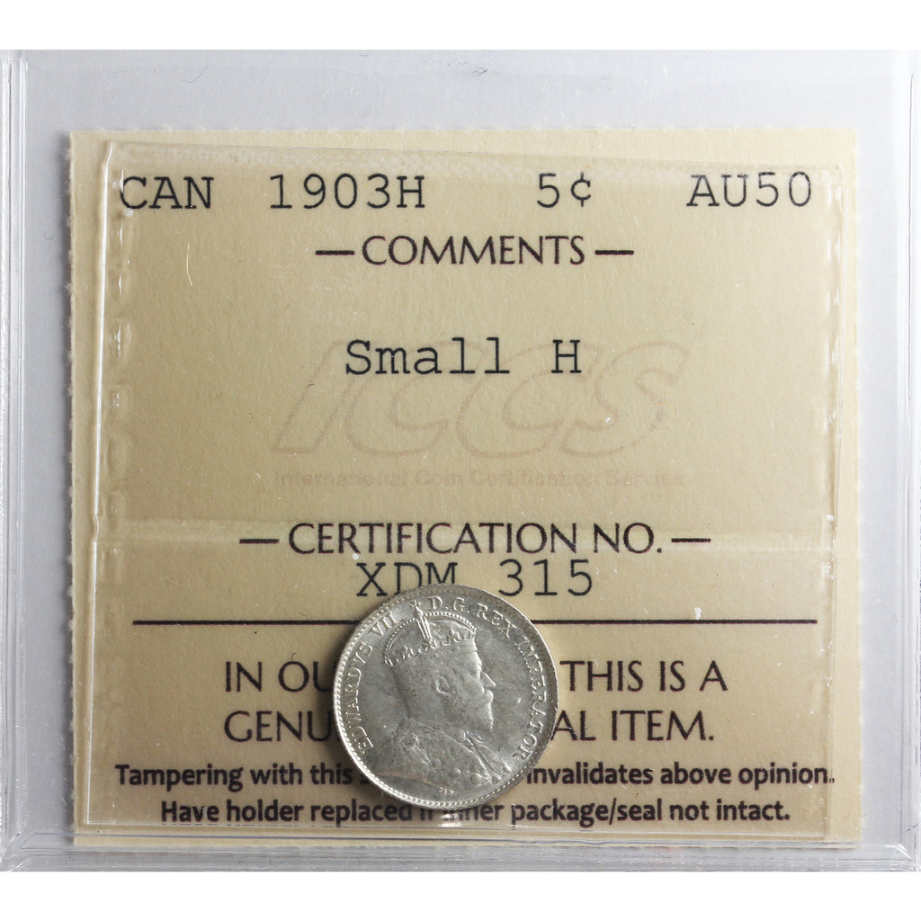 1903H Small H Canada 5-cents ICCS Certified AU50
