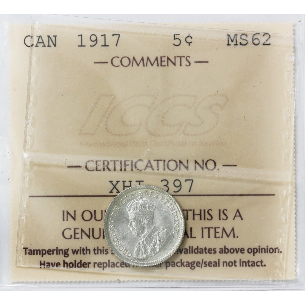 1917 Canada 5-cents ICCS Certified MS62