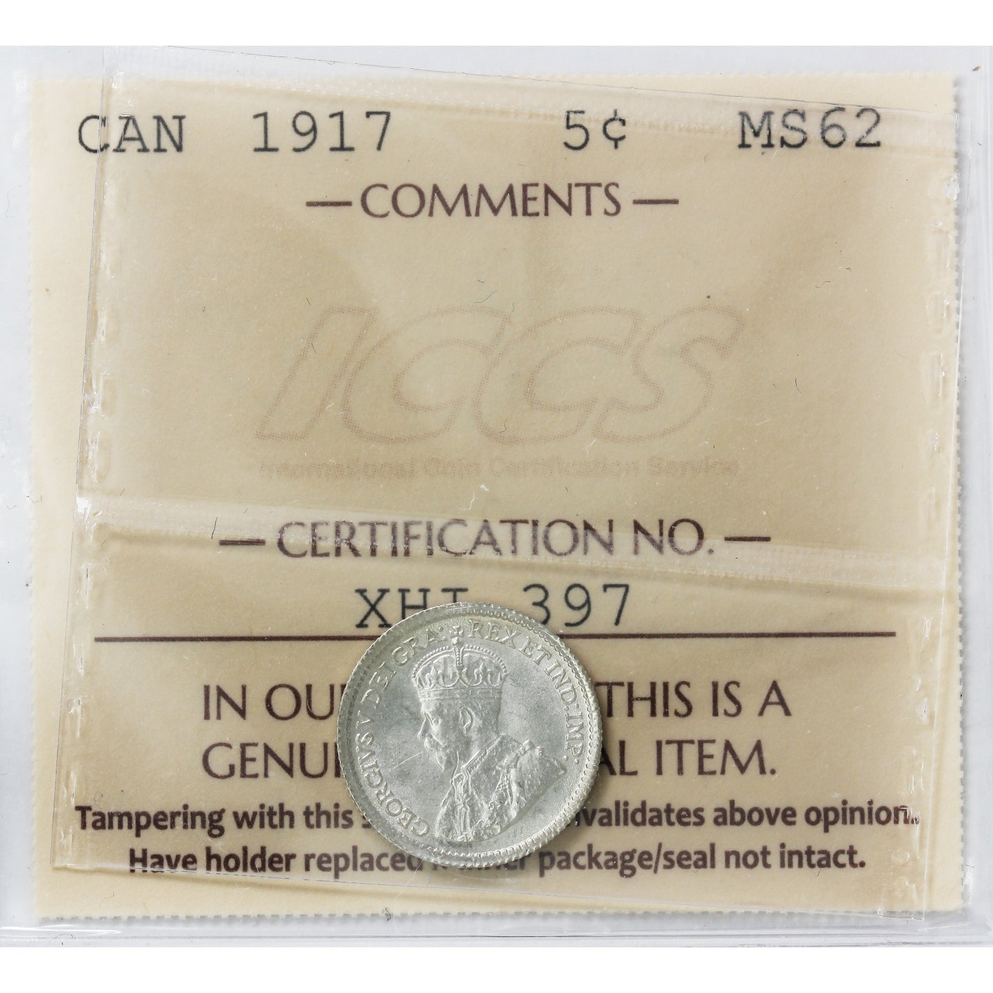 1917 Canada 5-cents ICCS Certified MS62