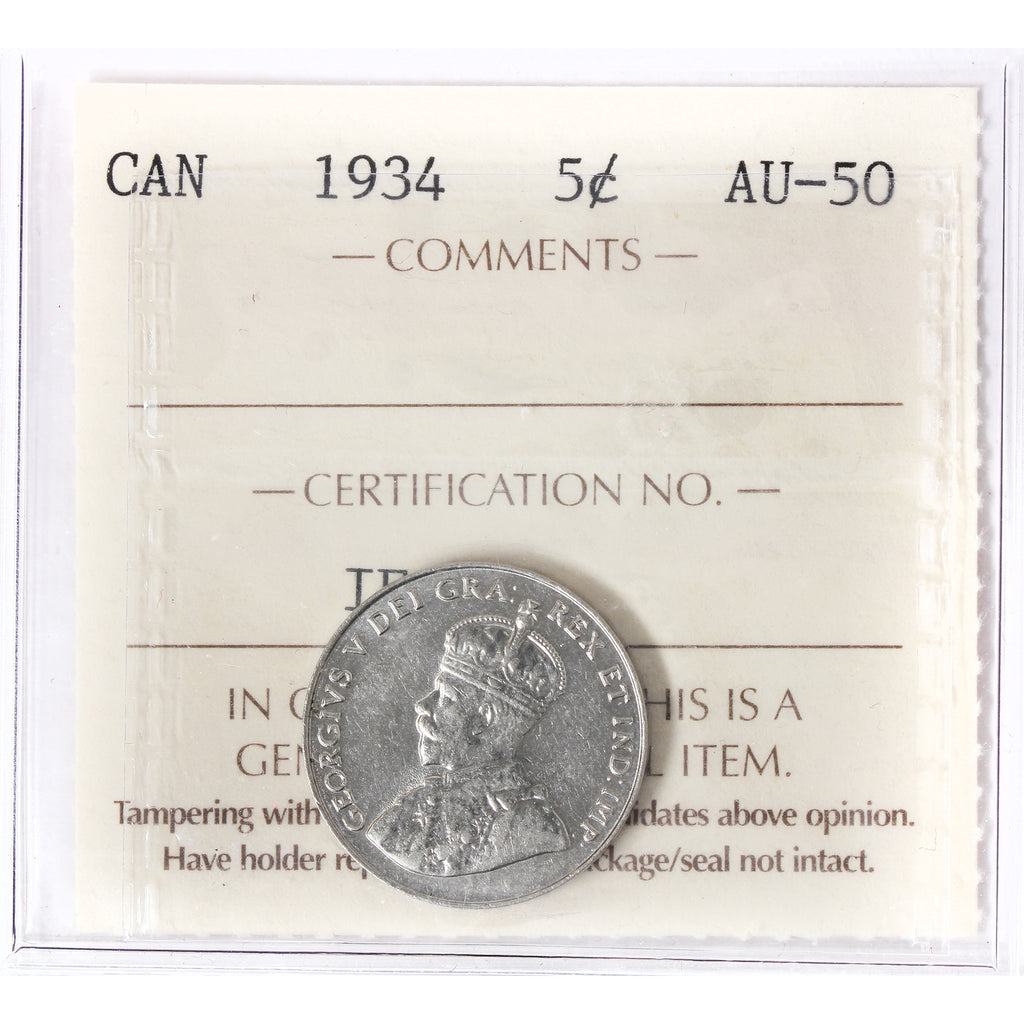 1934 Canada 5-cents ICCS Certified AU50