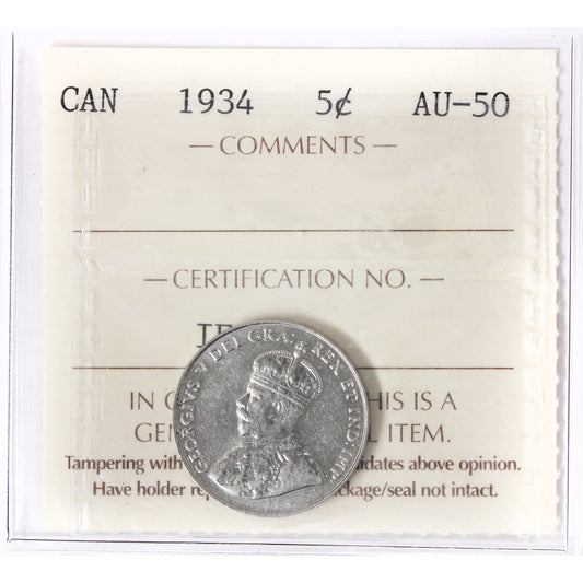 1934 Canada 5-cents ICCS Certified AU50