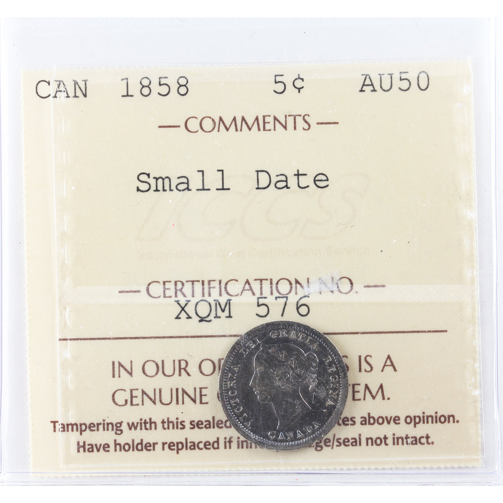 1858 Small Date 5-cents ICCS Certified AU50