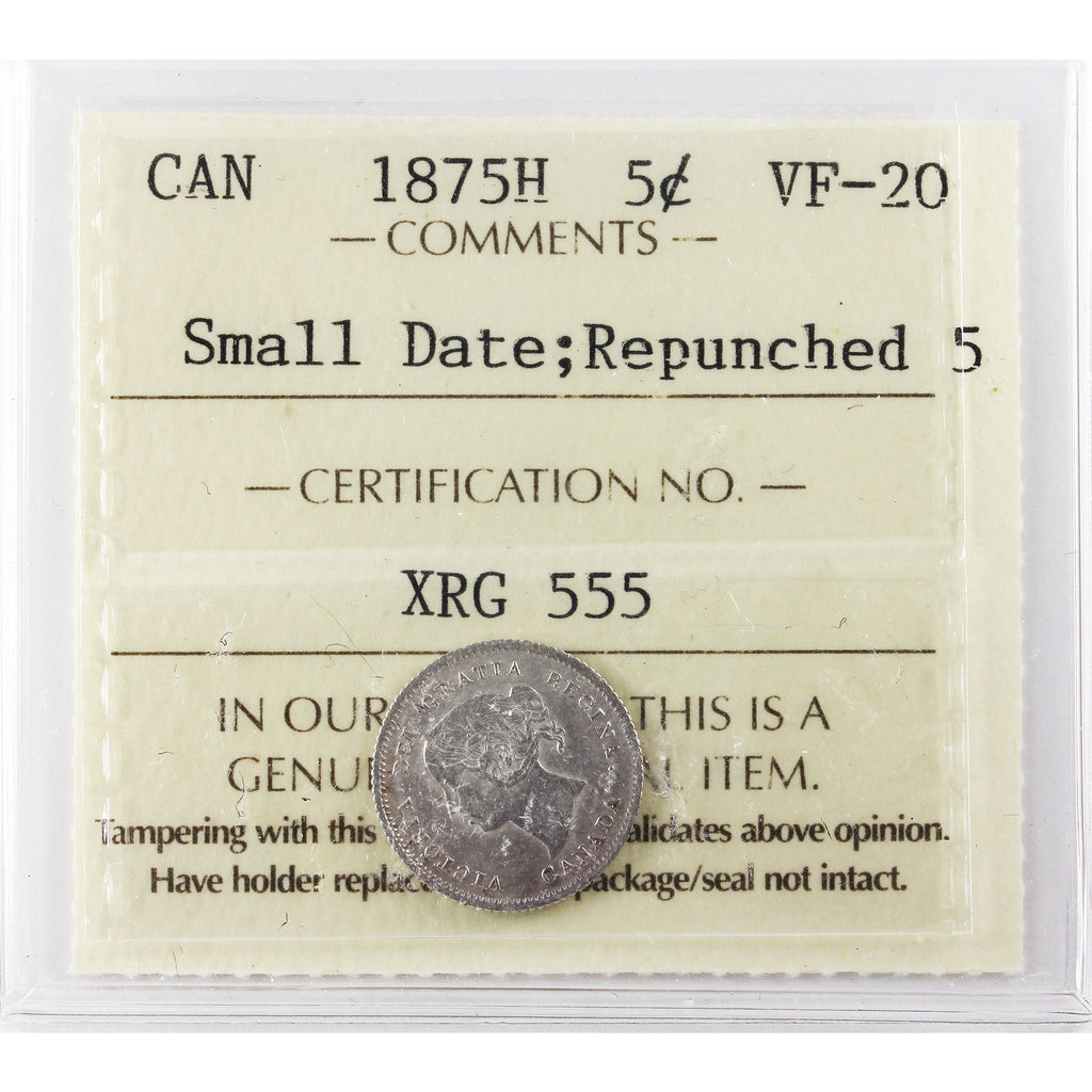 1875H Small Date, Repunched 5 Canada 5-cents ICCS Certified VF20