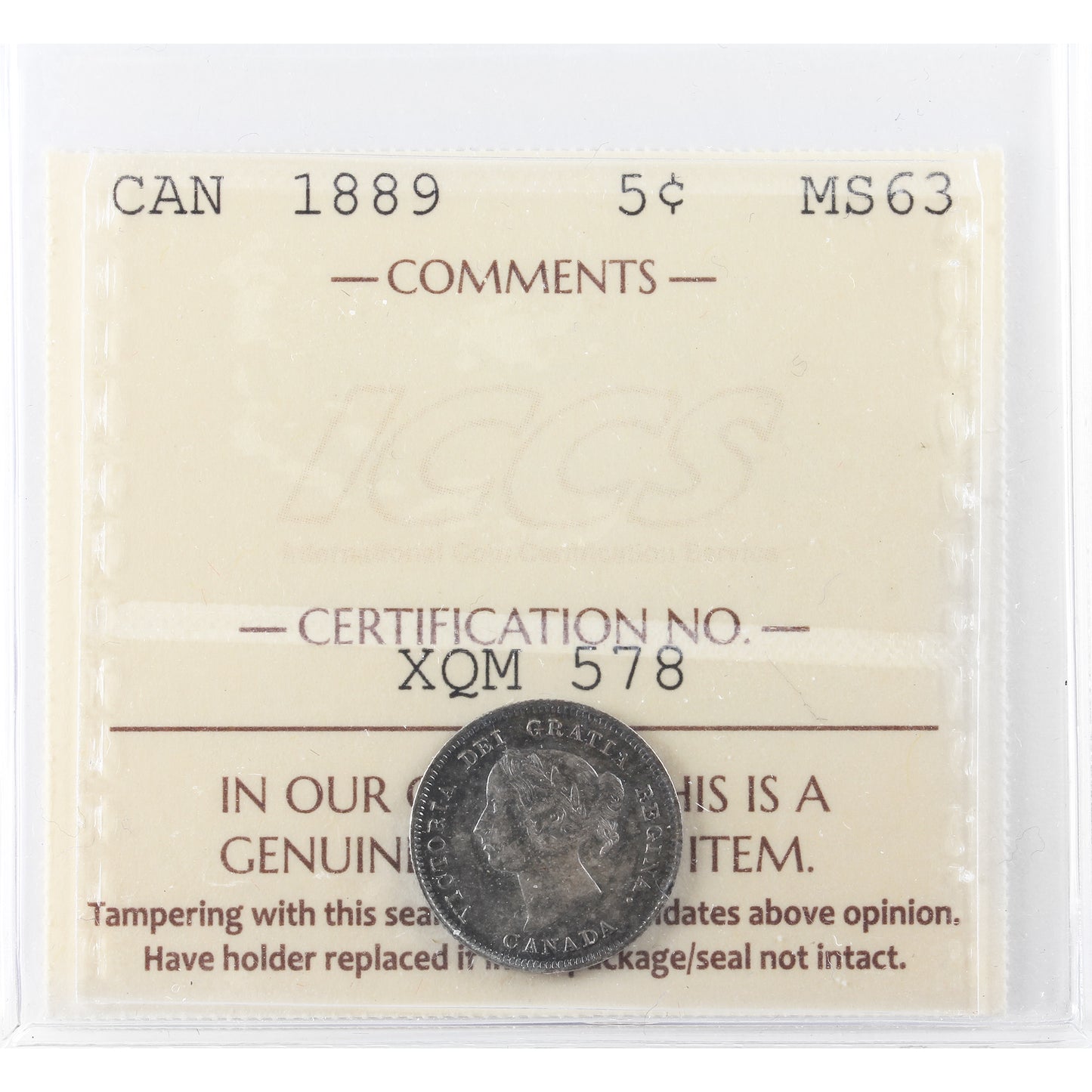 1889 Canada 5-cents ICCS Certified MS63 (XQM 578)