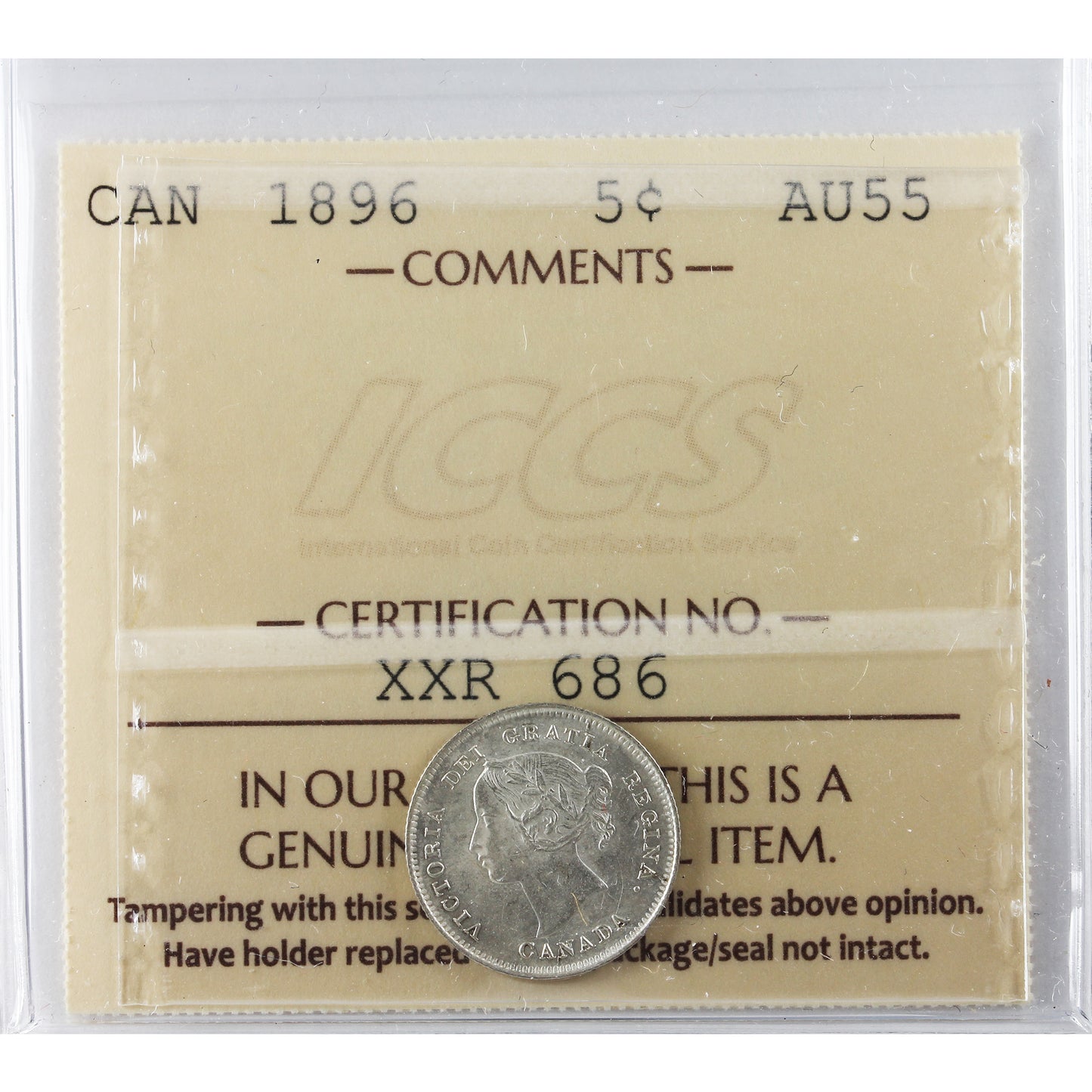 1896 Canada 5-cents ICCS Certified AU55