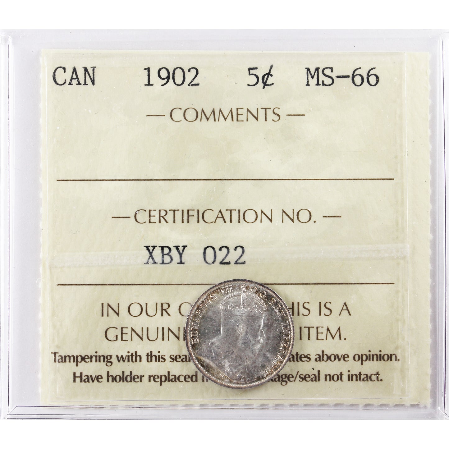 1902 Canada 5-cents ICCS Certified MS66 (XBY 022)