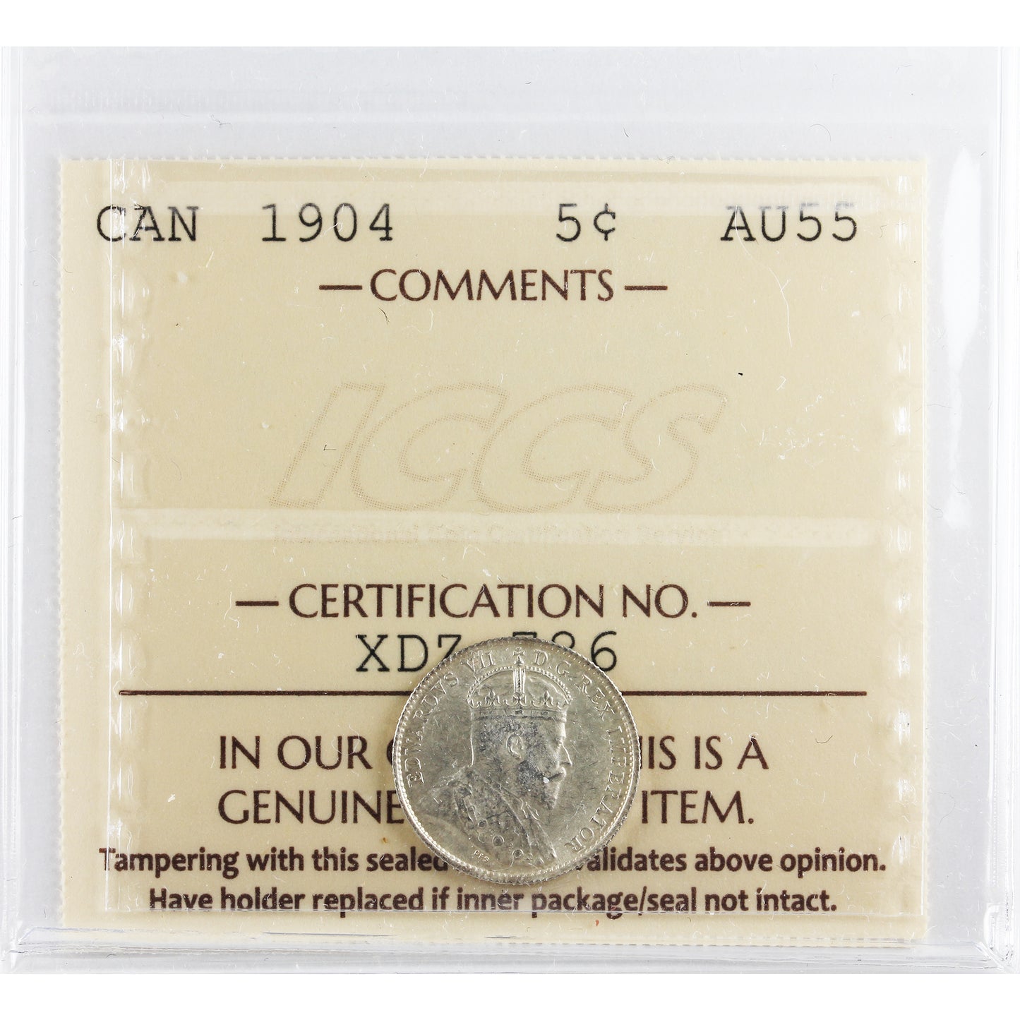 1904 Canada 5-cents ICCS Certified AU55