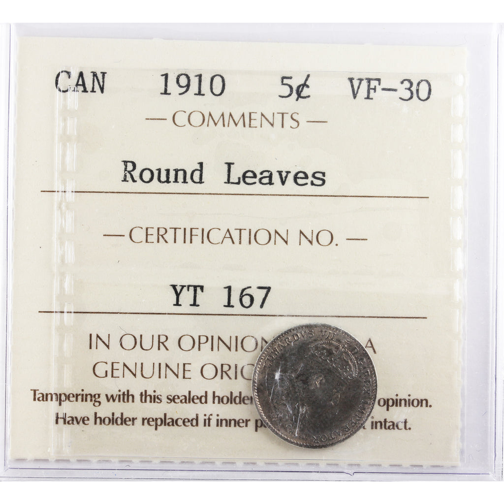 1910 Round Leaves Canada 5-cents ICCS Certified VF30