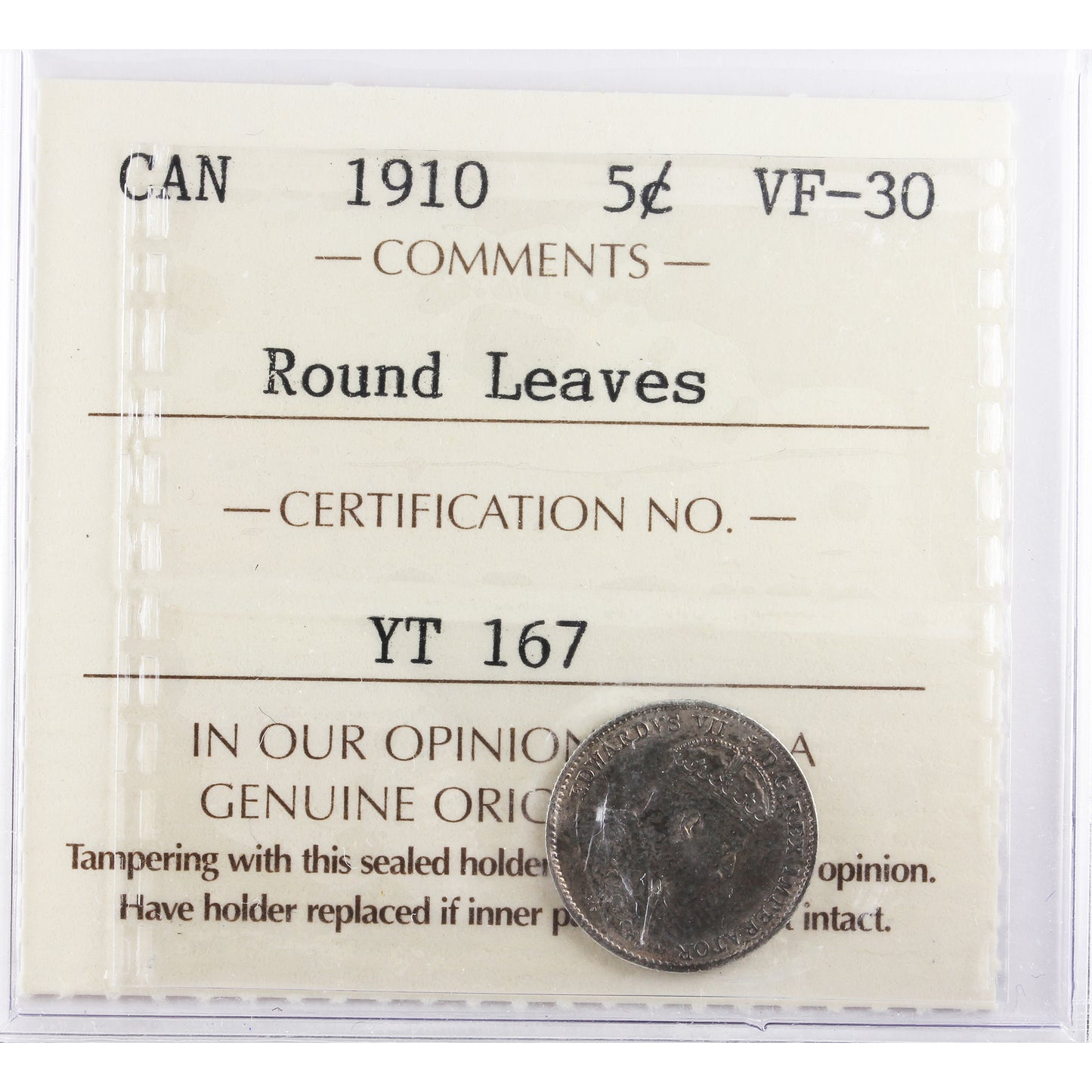 1910 Round Leaves Canada 5-cents ICCS Certified VF30