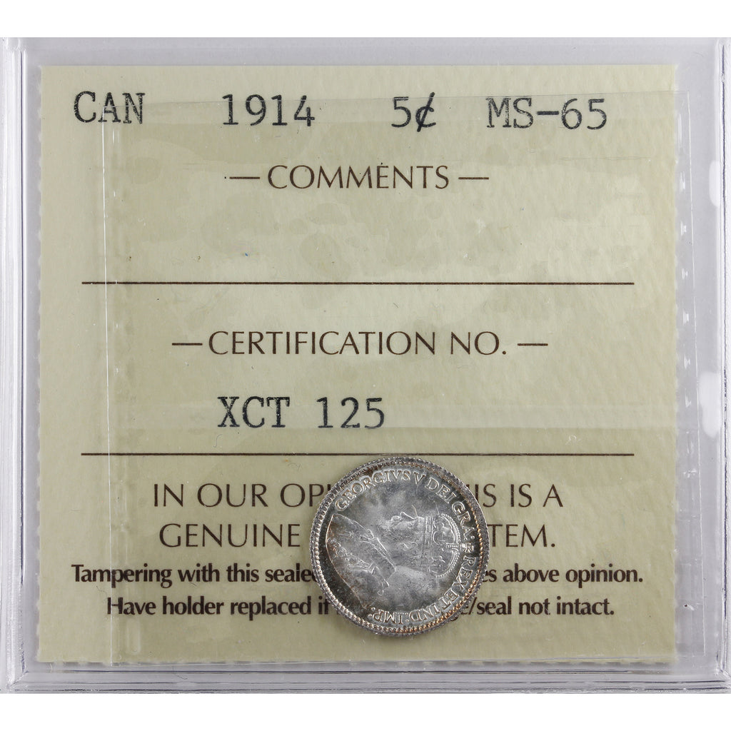 1914 Canada 5-cents ICCS Certified MS65 (XCT 125)