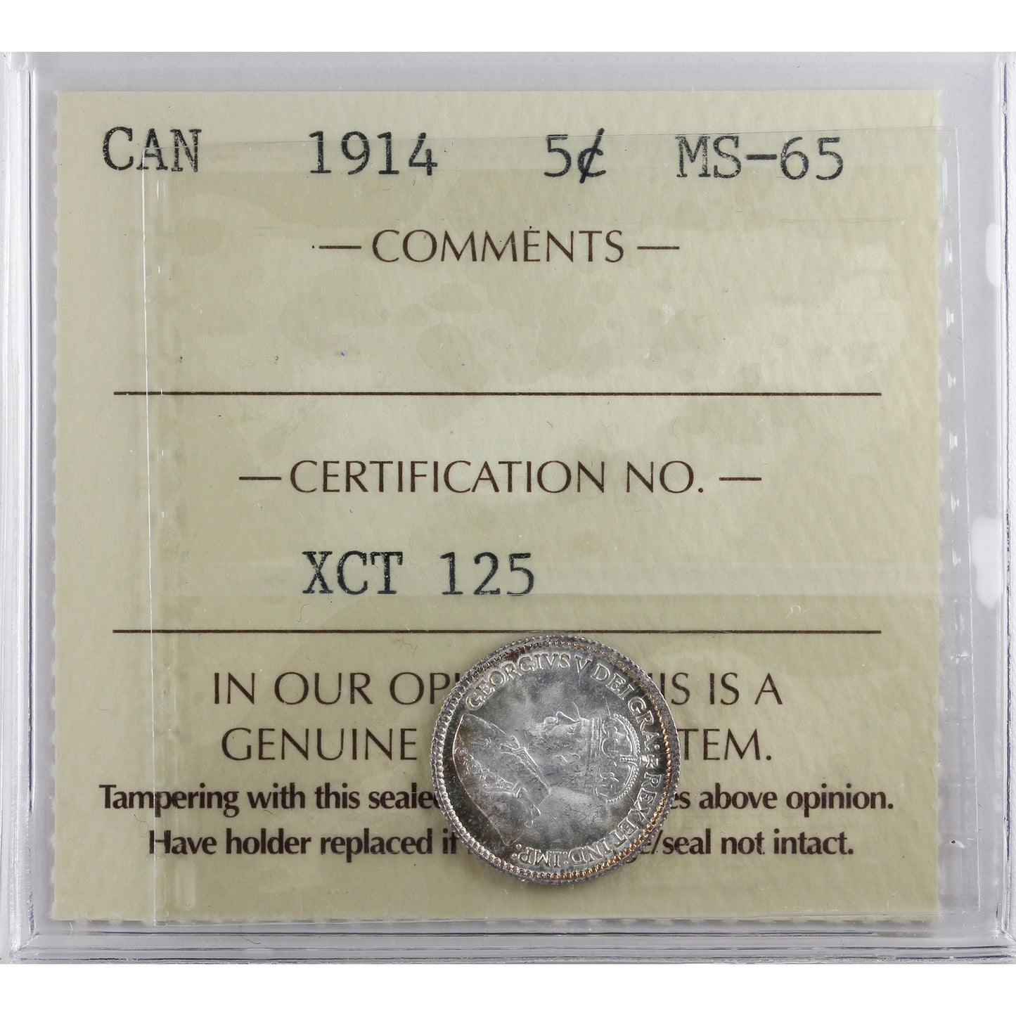 1914 Canada 5-cents ICCS Certified MS65 (XCT 125)