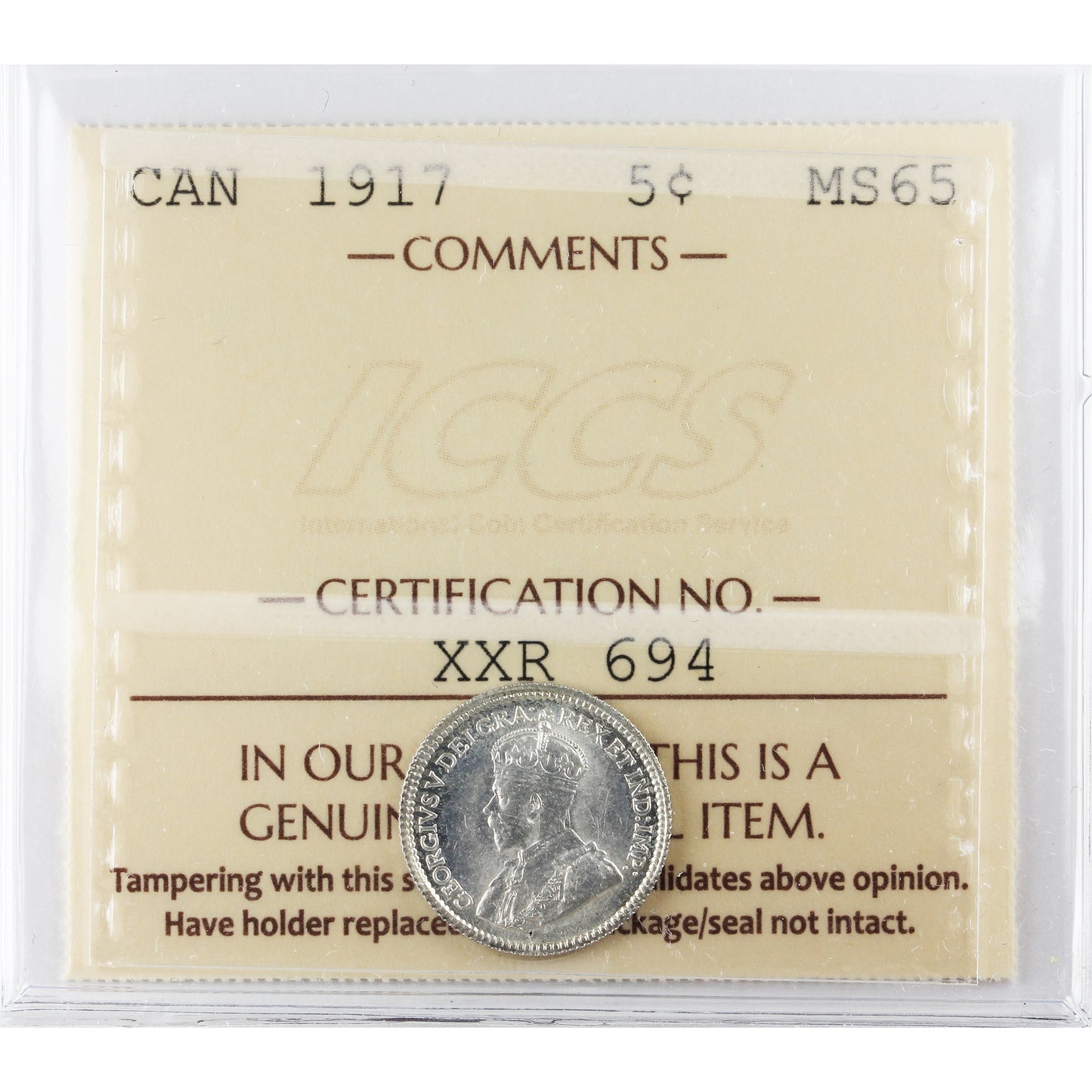 1917 Canada 5-cents ICCS Certified MS65 (XXR 694)