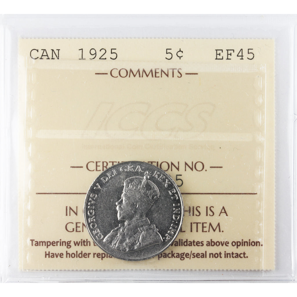 1925 Canada 5-cents ICCS Certified EF45