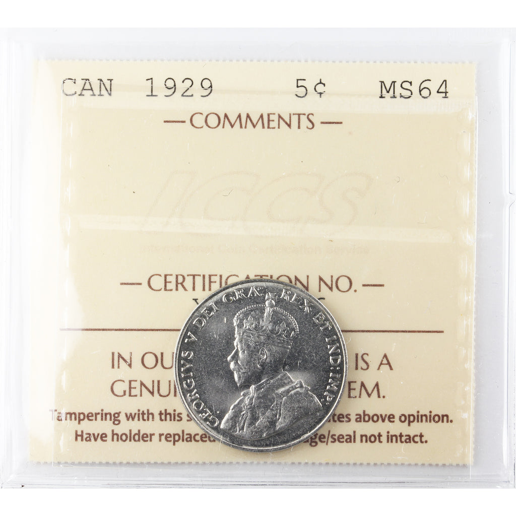 1929 Canada 5-cents ICCS Certified MS64