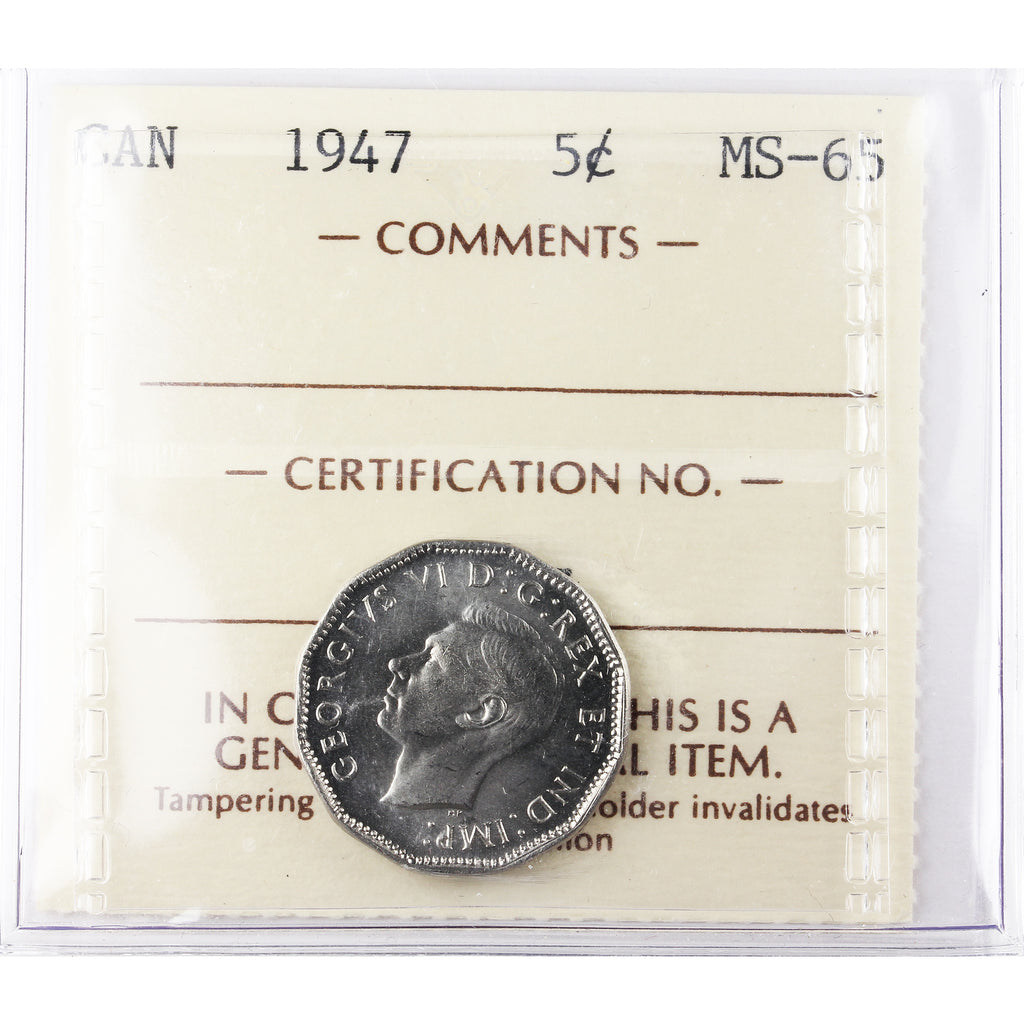1947 Canada 5-cents ICCS Certified MS65 (TA 077)
