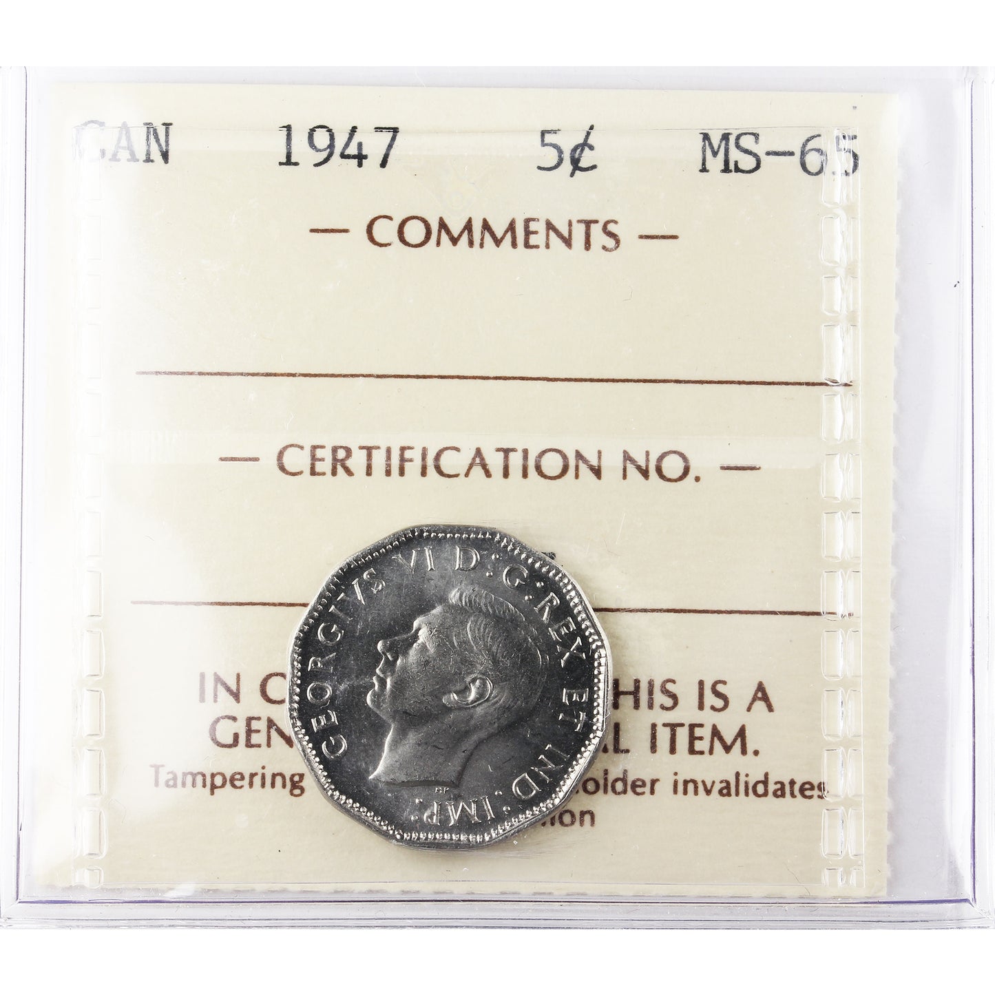 1947 Canada 5-cents ICCS Certified MS65 (TA 077)