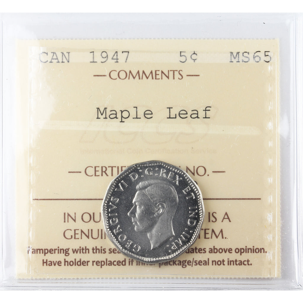 1947 Maple Leaf Canada 5-cents ICCS Certified MS65 (XXR 703)