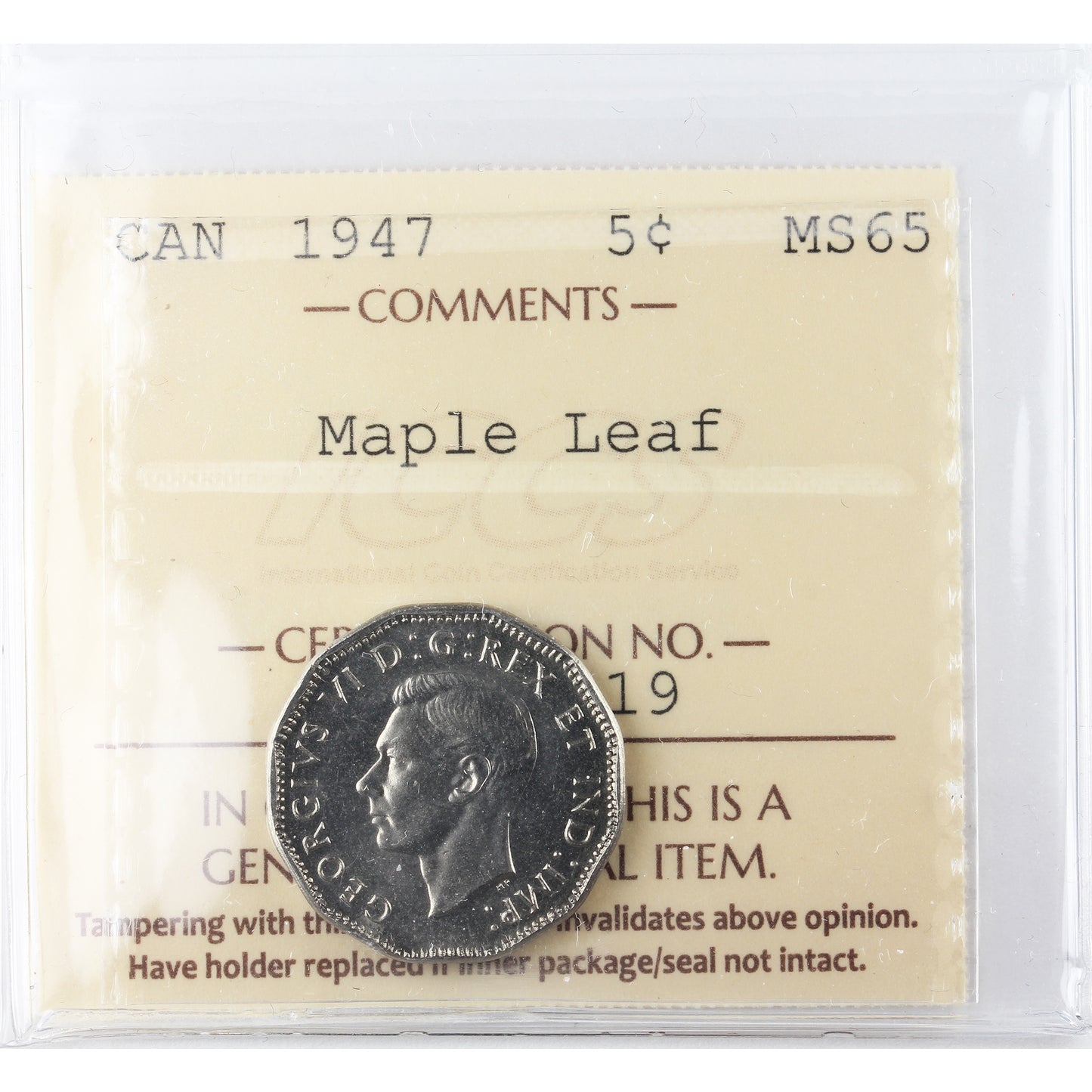 1947 Maple Leaf Canada 5-cents ICCS Certified MS65 (XKV 919)