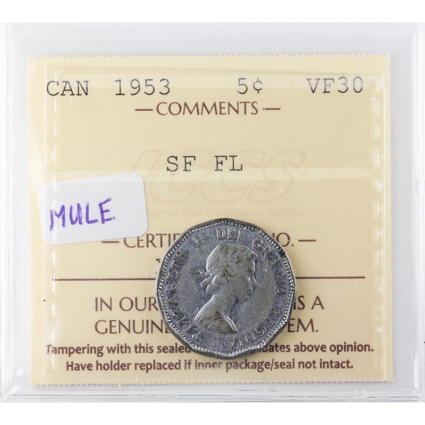 1953 SF, FL Mule 5-cents ICCS Certified VF30