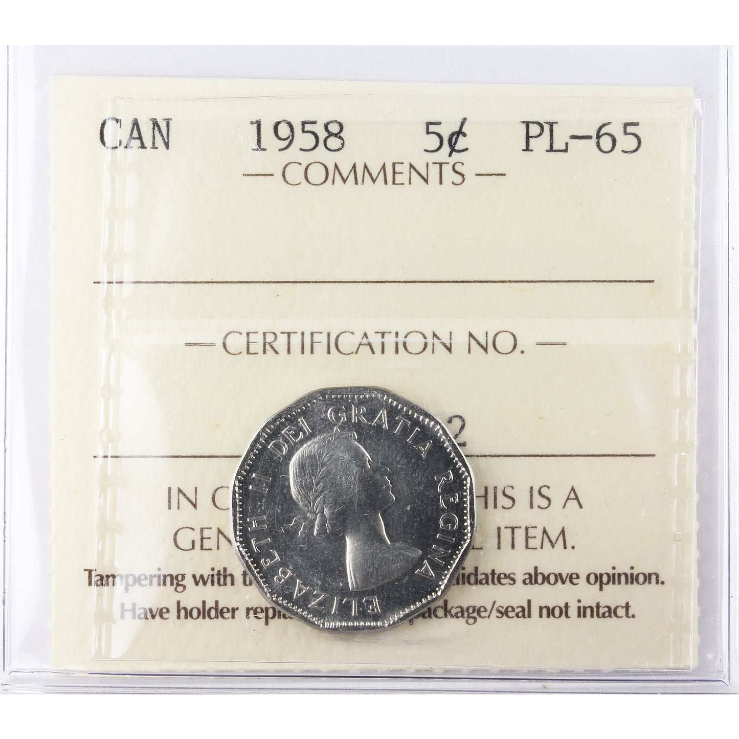 1958 Canada 5-cents ICCS Certified PL-65