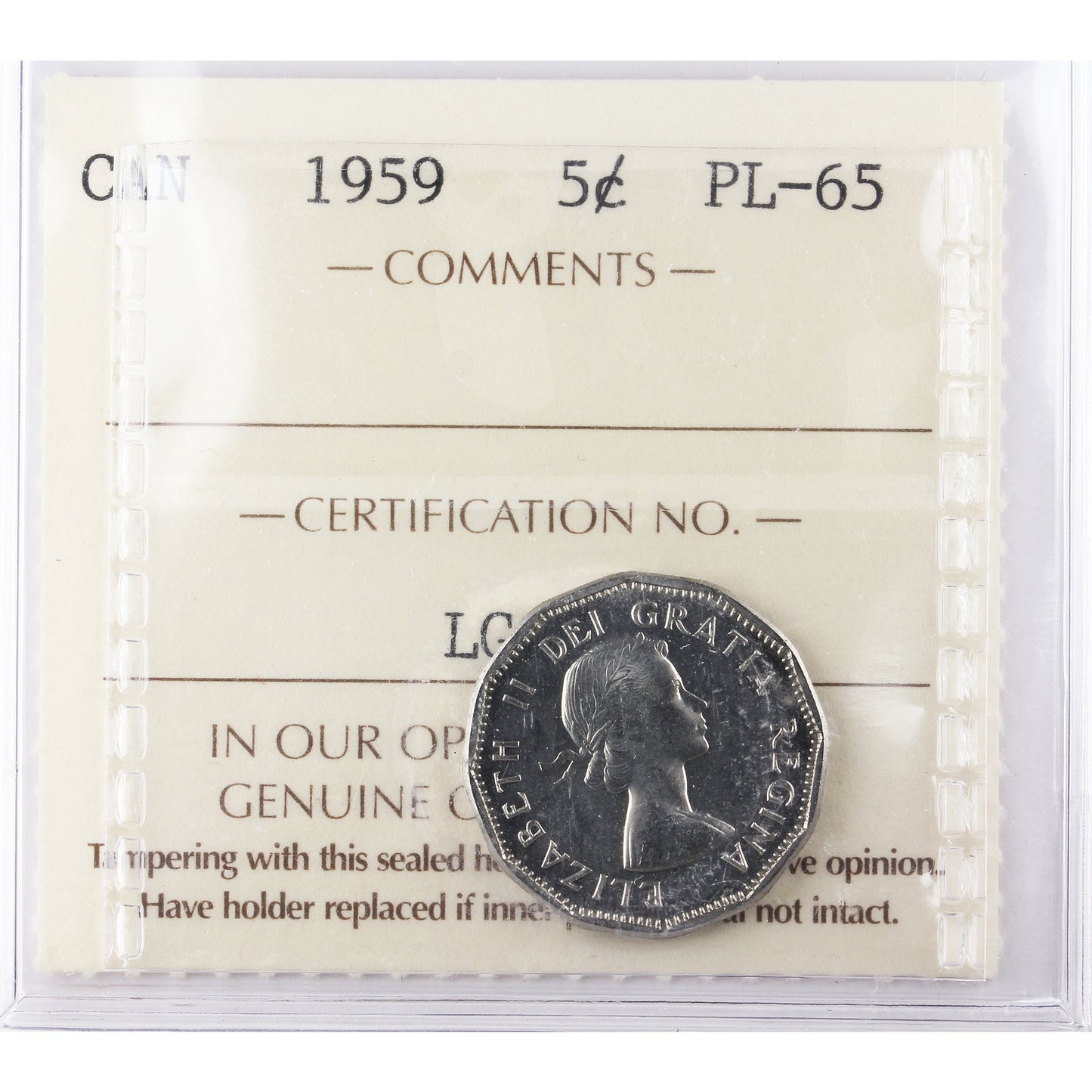 1959 Canada 5-cents ICCS Certified PL65