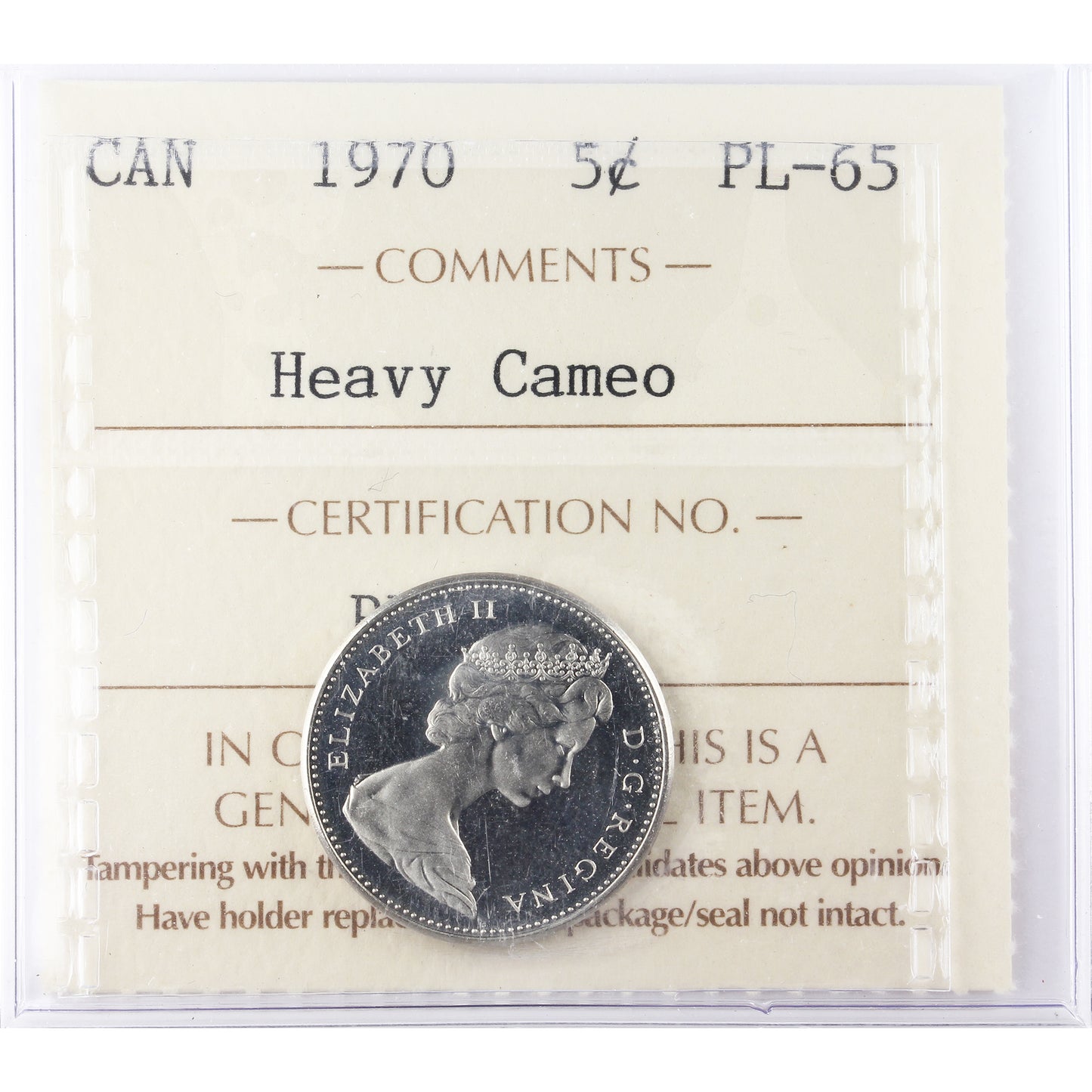1970 Canada 5-cents ICCS Certified PL65 Heavy Cameo