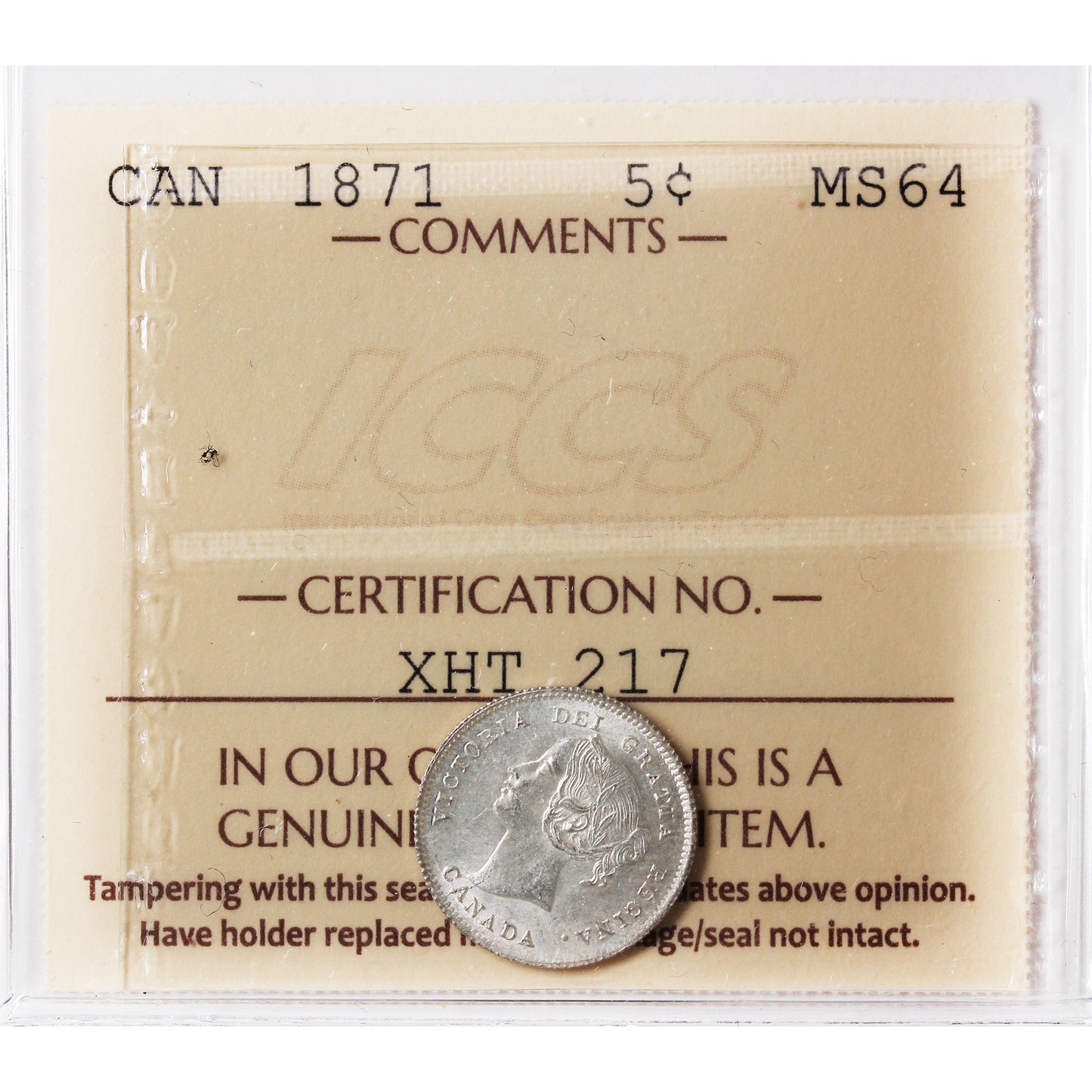 1871 Canada 5-cents ICCS Certified MS64 (XHT 217)