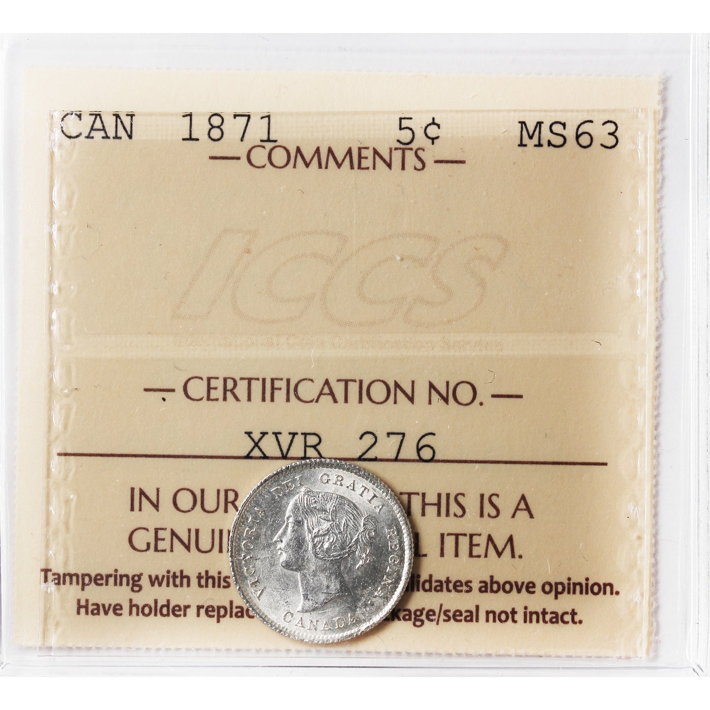 1871 Canada 5-cents ICCS Certified MS63 (XVR 276)