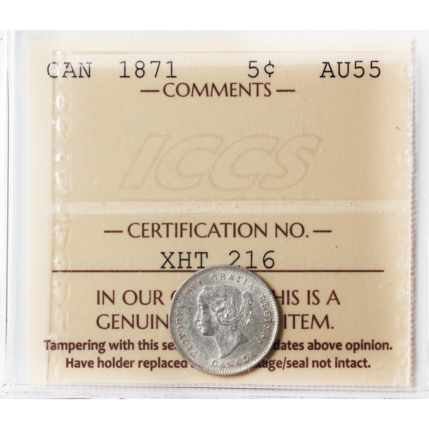 1871 Canada 5-cents ICCS Certified AU55