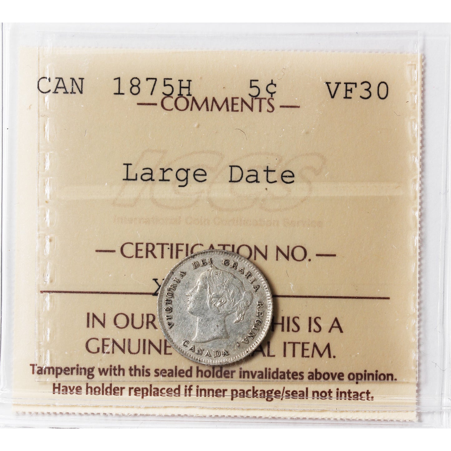 1875H Large Date Canada 5-cents ICCS Certified VF30