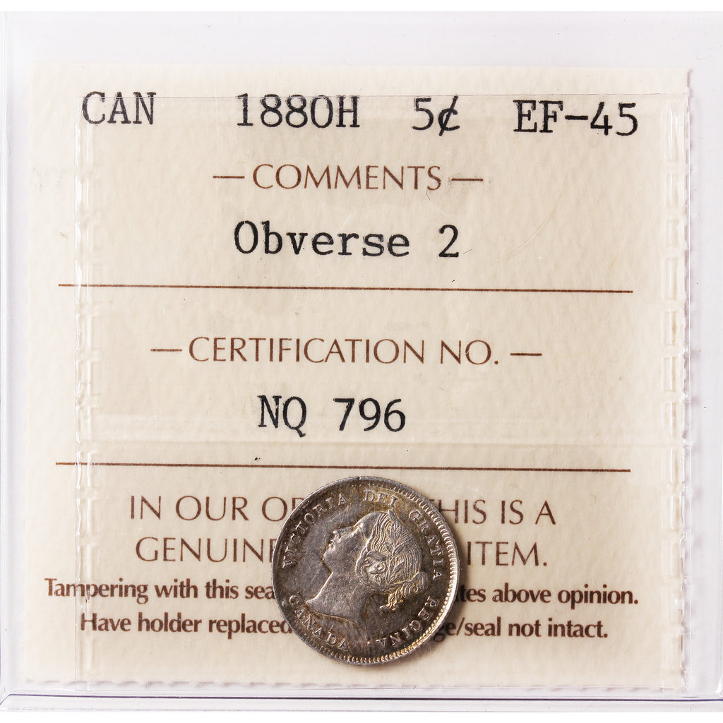 1880H Obv. 2 Canada 5-cents ICCS Certified EF45