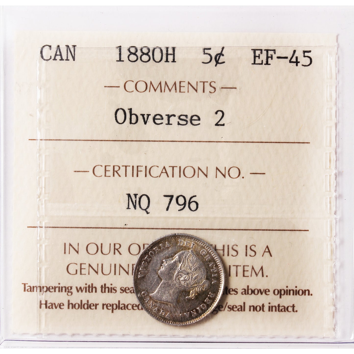1880H Obv. 2 Canada 5-cents ICCS Certified EF45