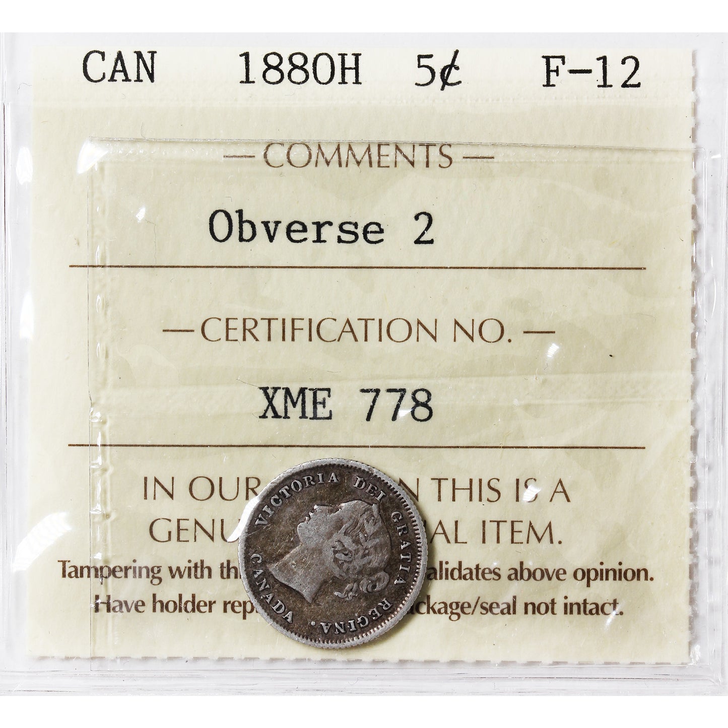 1880H Obv. 2 Canada 5-cents ICCS Certified F12