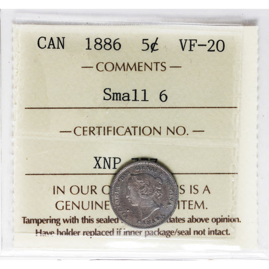 1886 Small 6 Canada 5-cents ICCS Certified VF20