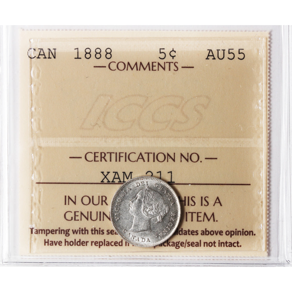 1888 Canada 5-cents ICCS Certified AU55
