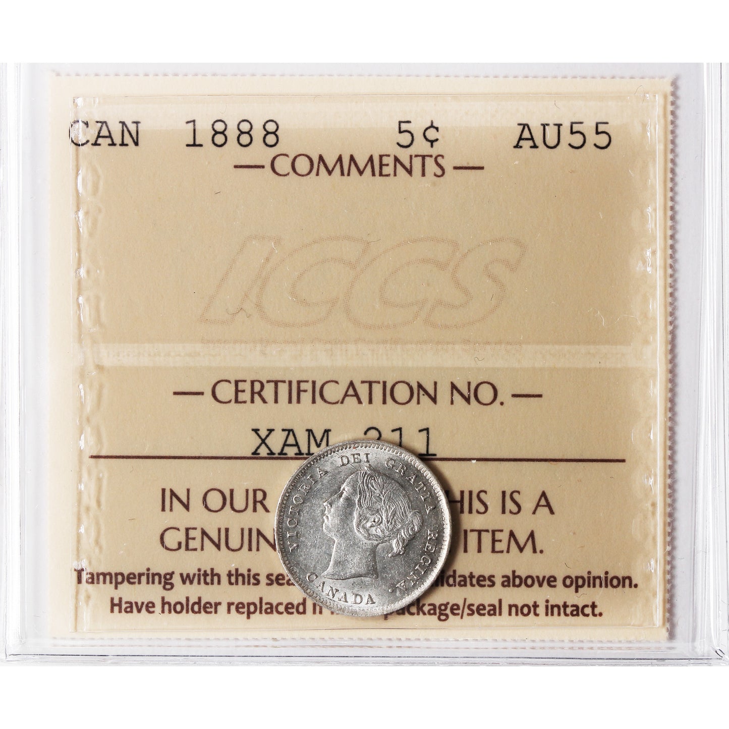 1888 Canada 5-cents ICCS Certified AU55