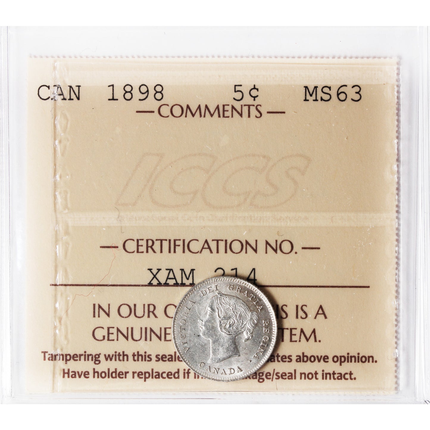 1898 Canada 5-cents ICCS Certified MS63 (XAM 214)