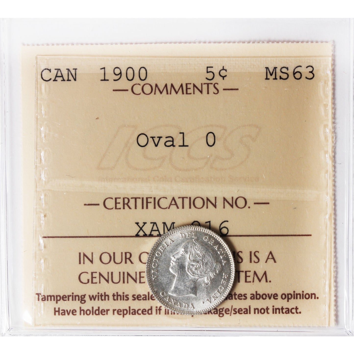 1900 Oval 0 Canada 5-cents ICCS Certified MS63 (XAM 216)
