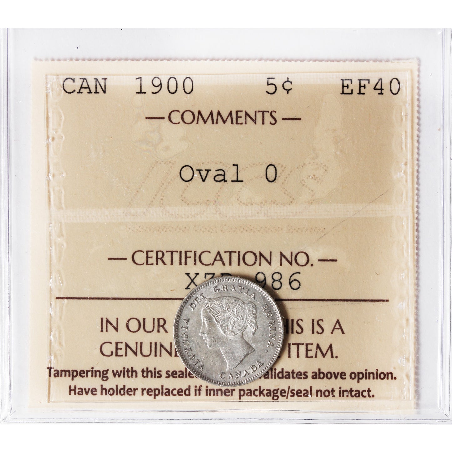 1900 Oval 0 Canada 5-cents ICCS Certified EF40