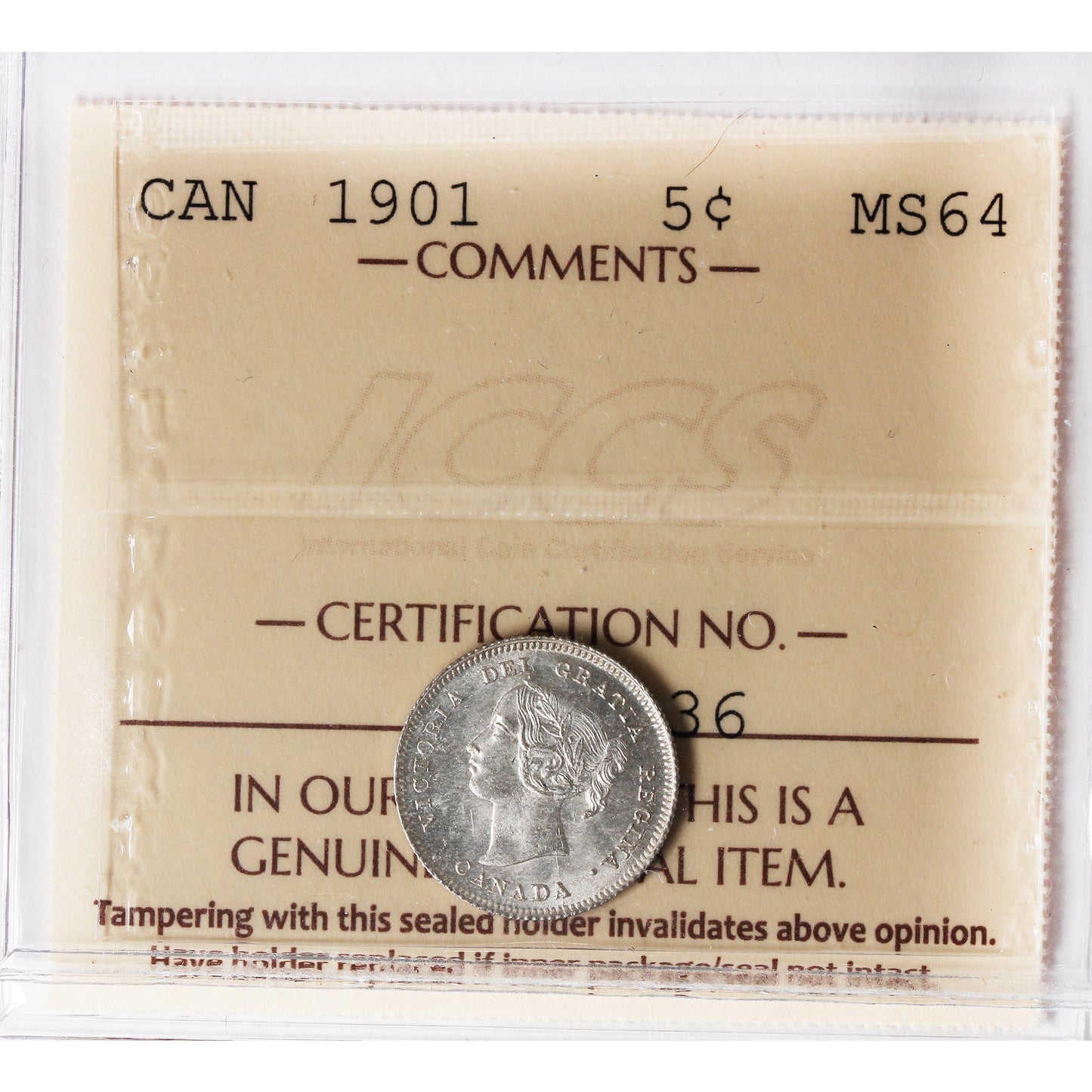 1901 Canada 5-cents ICCS Certified MS64 (XHT 236)