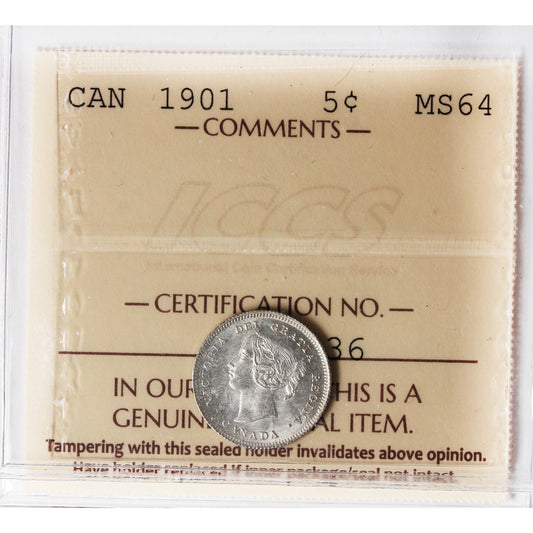 1901 Canada 5-cents ICCS Certified MS-64 (XHT 236)