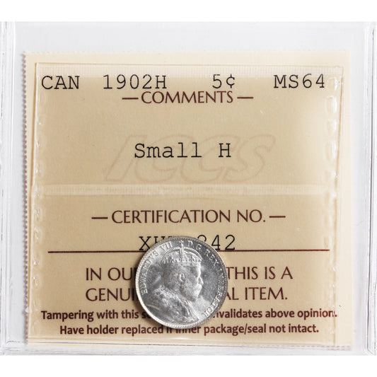 1902H Small H Canada 5-cents ICCS Certified MS64 (XHT 242)