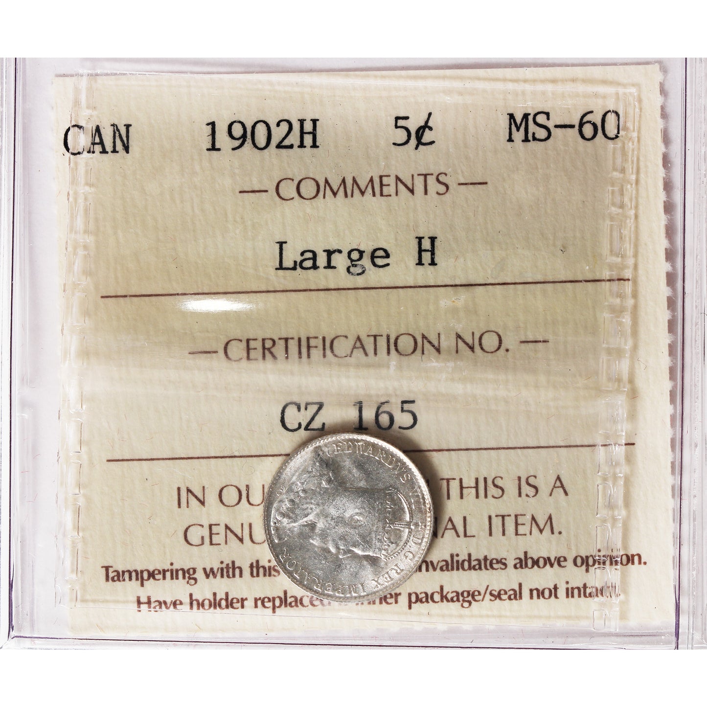 1902H Large H Canada 5-cents ICCS Certified MS60