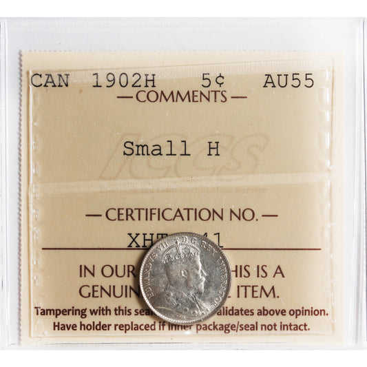 1902H Small H Canada 5-cents ICCS Certified AU55