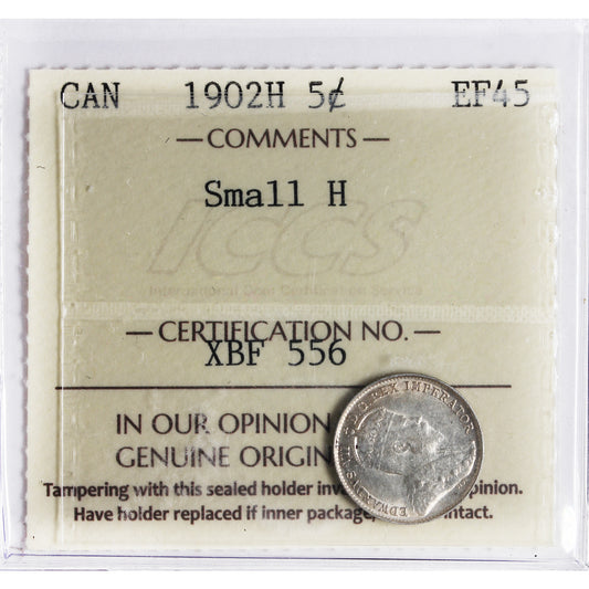 1902H Small H Canada 5-cents ICCS Certified EF45