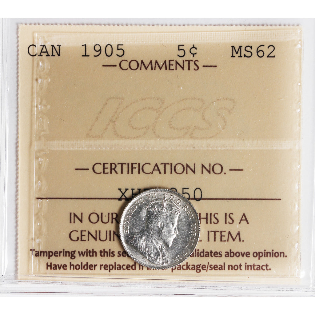 1905 Canada 5-cents ICCS Certified MS62 (XHT 250)