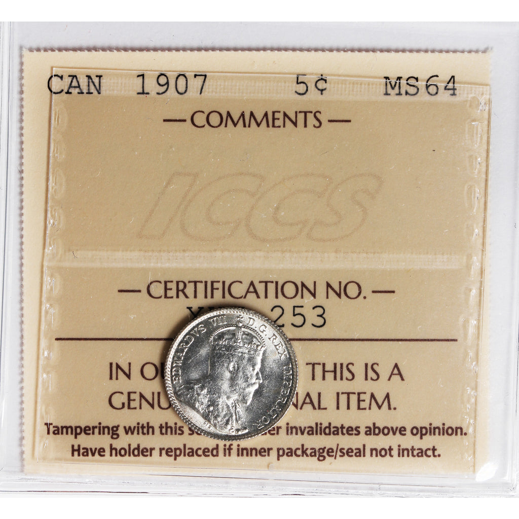 1907 Canada 5-cents ICCS Certified MS64 (XHT 253)