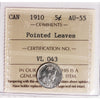 1910 Pointed Leaves Canada 5-cents ICCS Certified AU55